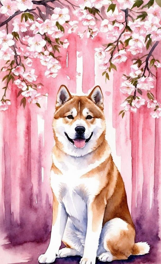 A Shiba Inu dog sits under pink cherry blossom branches against a watercolor-style pink background.
