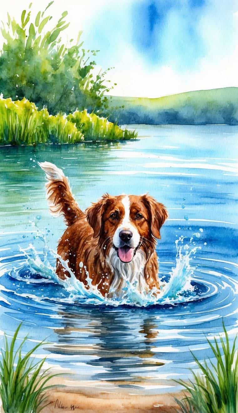 A brown and white dog stands in shallow lake water, splashing and looking forward with its tongue out. Greenery and blue sky are visible in the background.