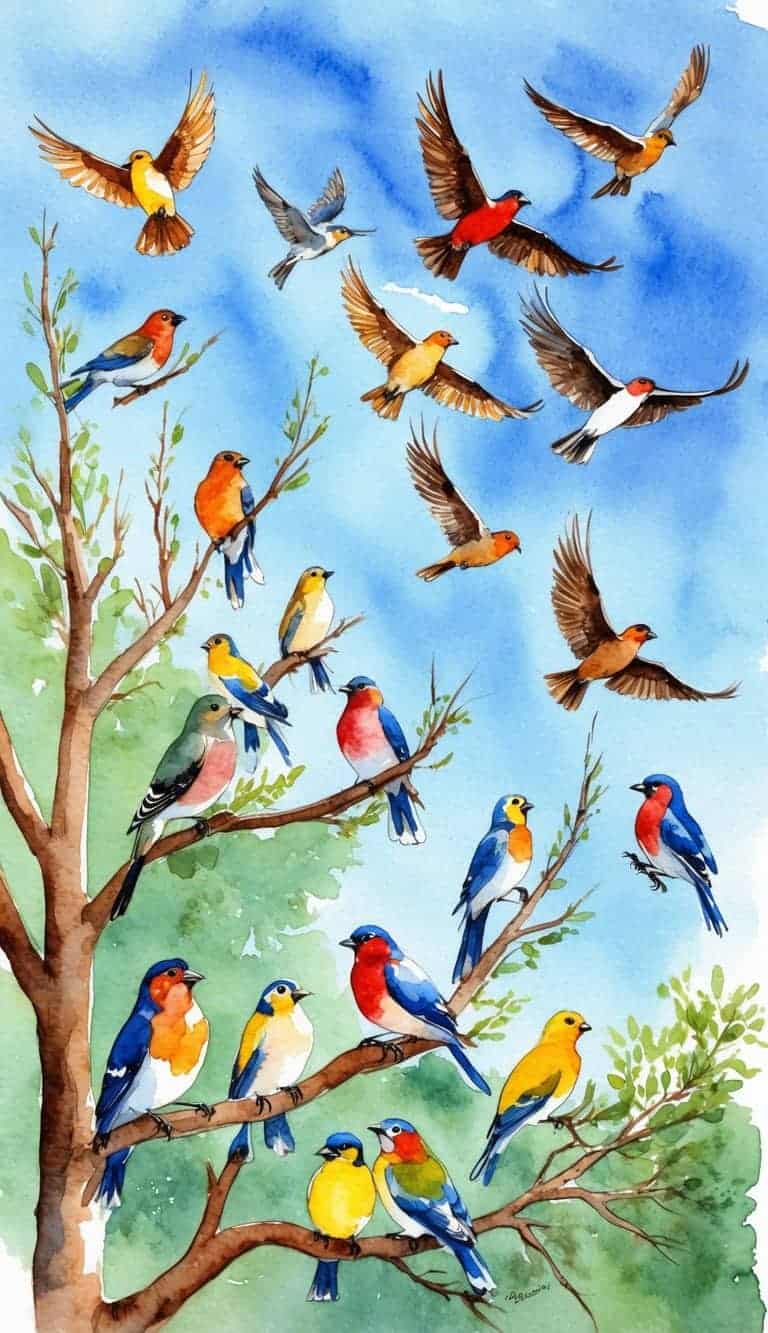 A watercolor illustration of colorful birds perched on tree branches and flying in a blue sky with scattered clouds.