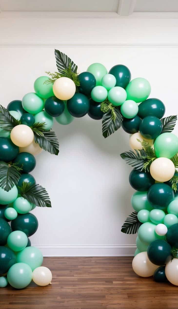Muted green and ivory balloon arch with bold tropical greenery arranged against a white wall and wooden floor.