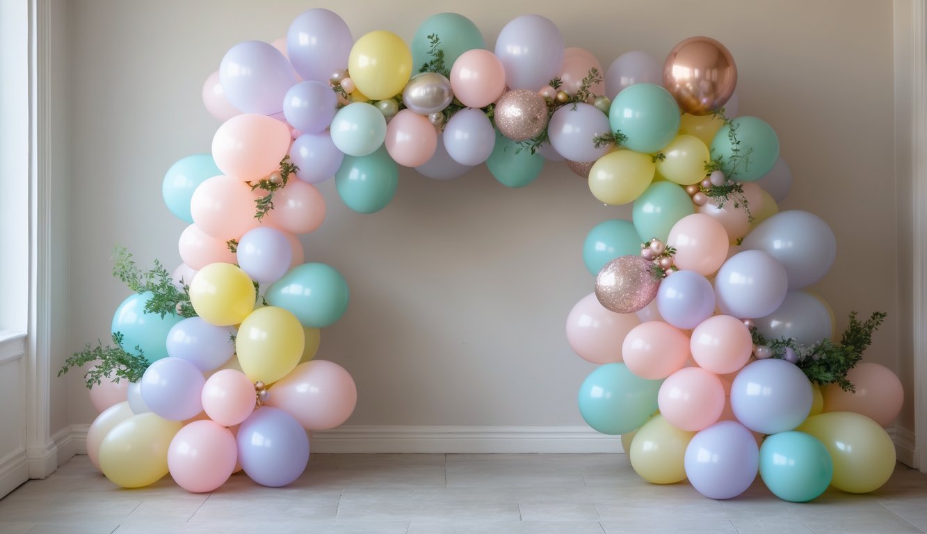 A pastel-colored balloon arch with mixed sizes and greenery accents arranged asymmetrically against a neutral background.