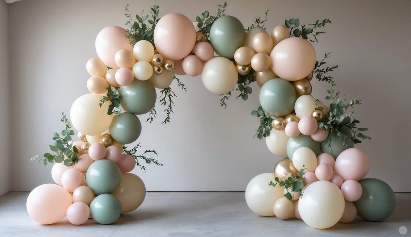A small balloon arch with mixed balloon sizes and greenery accents arranged asymmetrically against a neutral background.