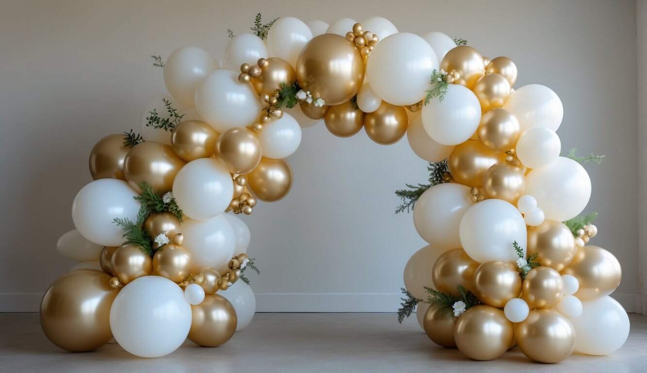 A gold and white balloon arch with varying balloon sizes and greenery accents, arranged in an asymmetrical and flowing design.
