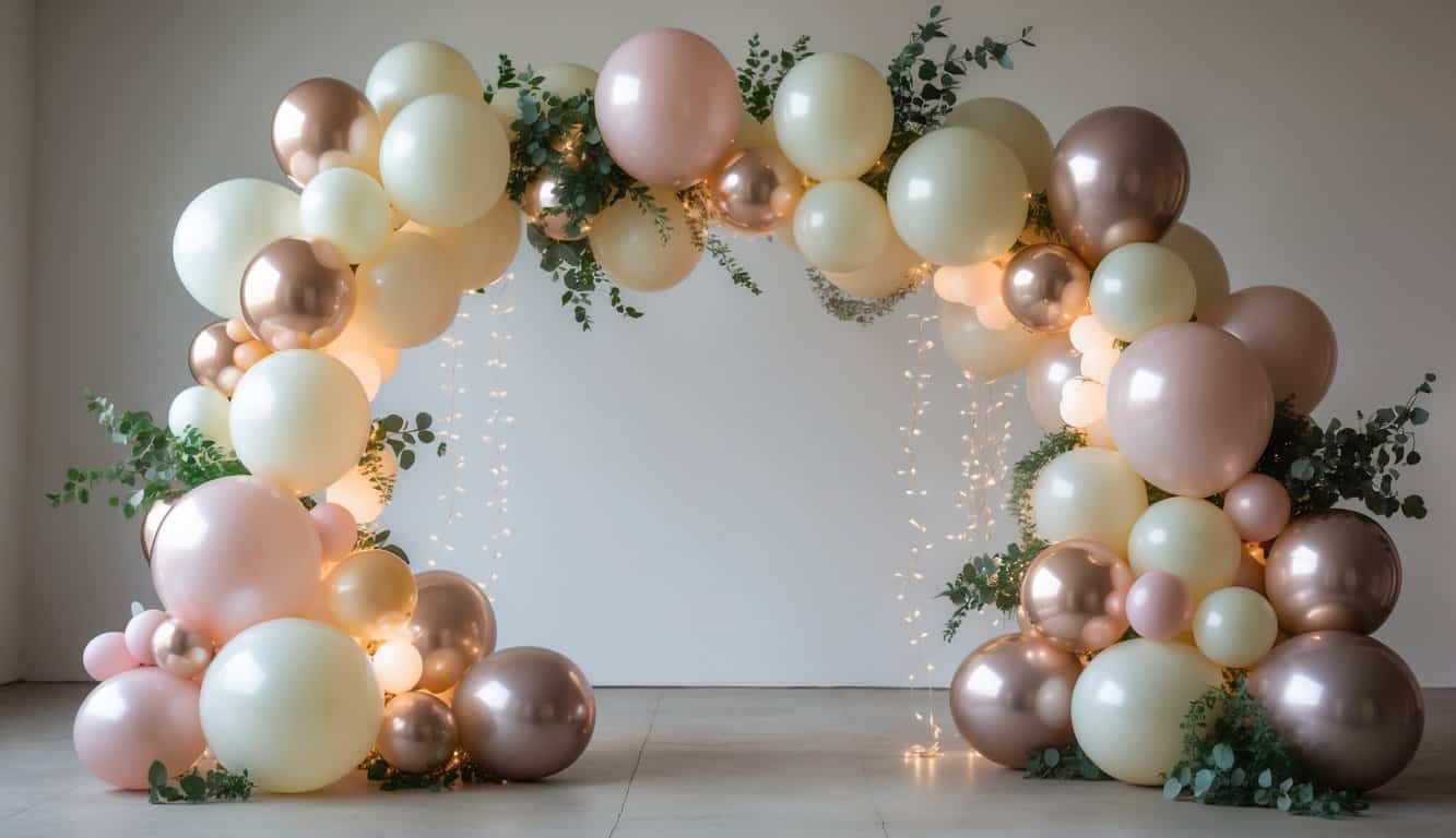 A balloon arch decorated with small and medium balloons, fairy lights, and greenery, arranged in an asymmetrical and flowing design.