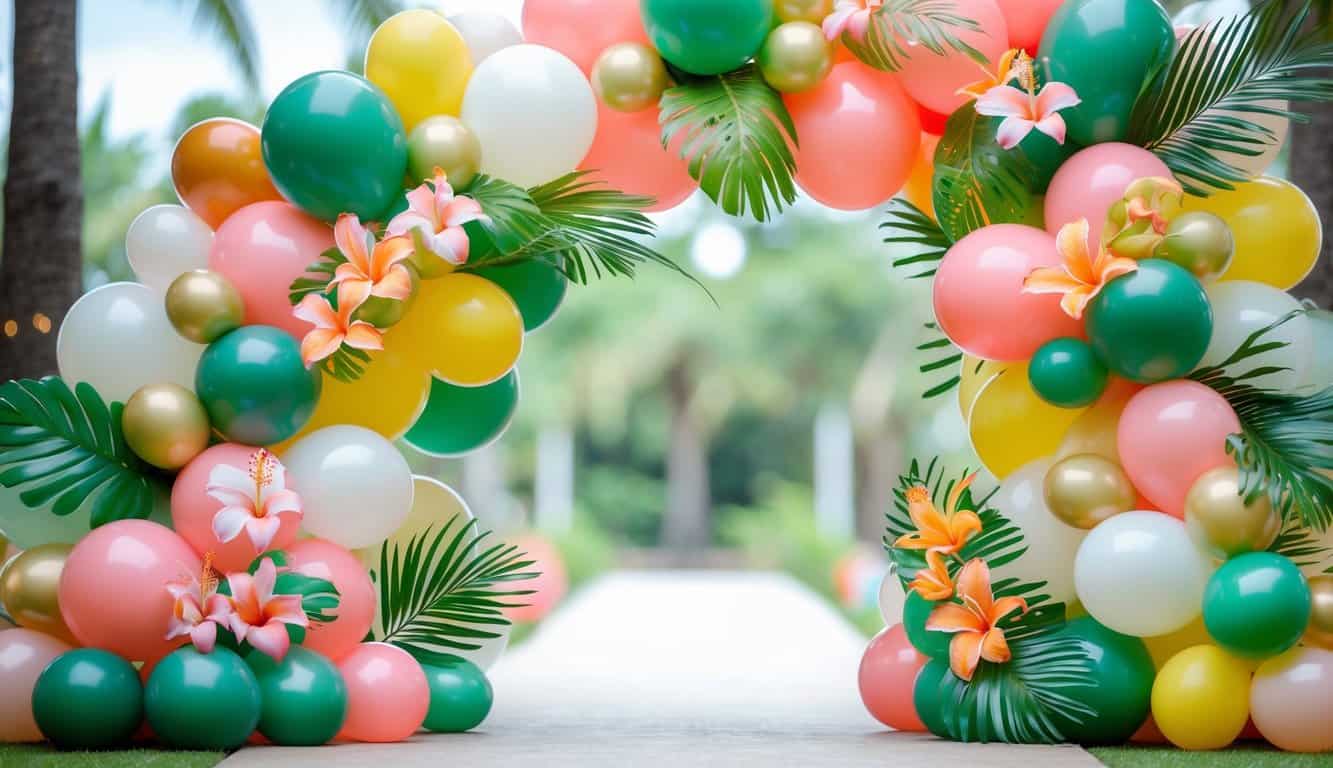 A colorful tropical balloon arch decorated with various sizes of balloons, tropical flowers, and green leaves, arranged in a flowing, asymmetrical shape.