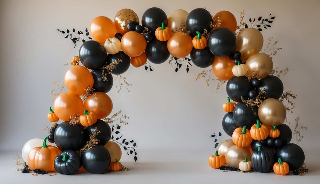 A small Halloween balloon arch decorated with orange, black, cream, and gold balloons, featuring pumpkin-shaped balloons and greenery accents.