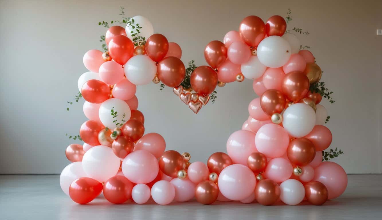 A heart-shaped balloon arch decorated with small red, pink, white, and gold balloons, accented by green leaves, set against a neutral background.