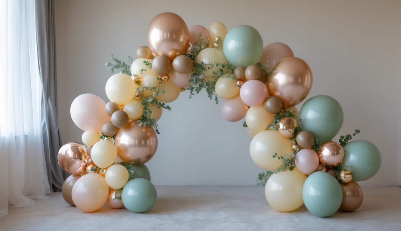 A small balloon arch with mixed sizes of helium balloons and greenery accents arranged asymmetrically against a neutral background.