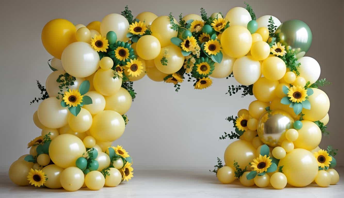 A yellow balloon arch decorated with green leaves and gold accents, arranged in an asymmetrical, flowing design.
