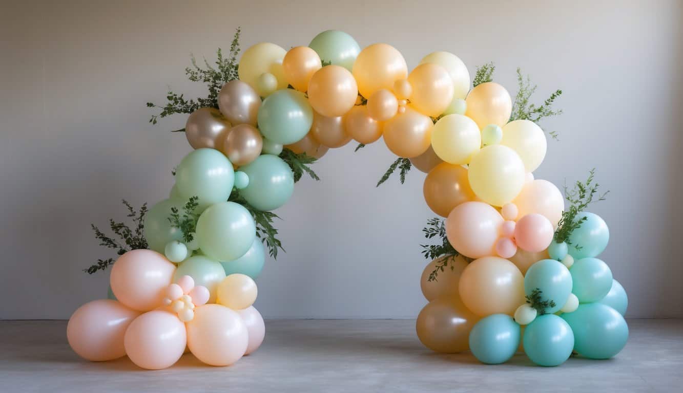 A small balloon arch with varying balloon sizes and colors arranged in an asymmetrical curve, decorated with greenery and metallic accents.