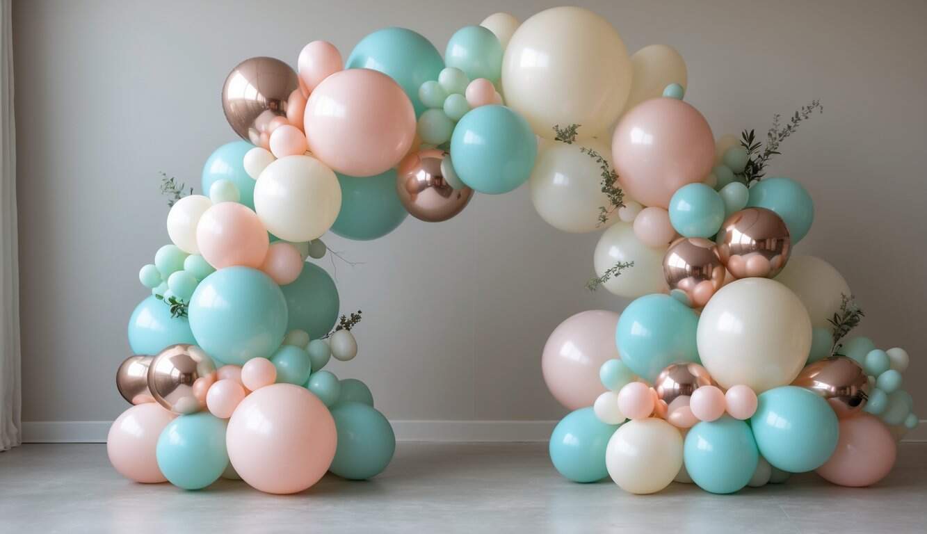 A small balloon arch decorated with pastel-colored balloons and greenery, arranged asymmetrically for a baby shower celebration.