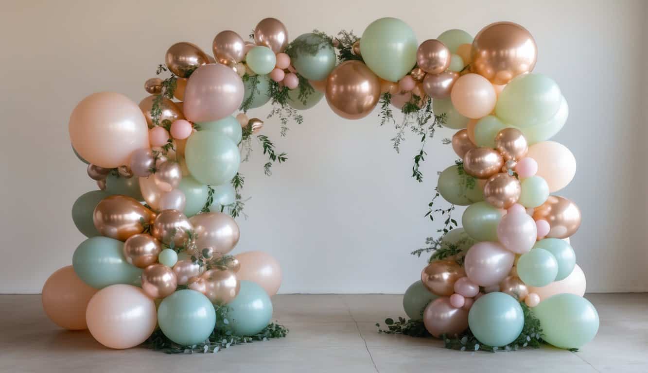 A small balloon arch with mixed sizes of balloons and greenery accents arranged asymmetrically against a neutral background.