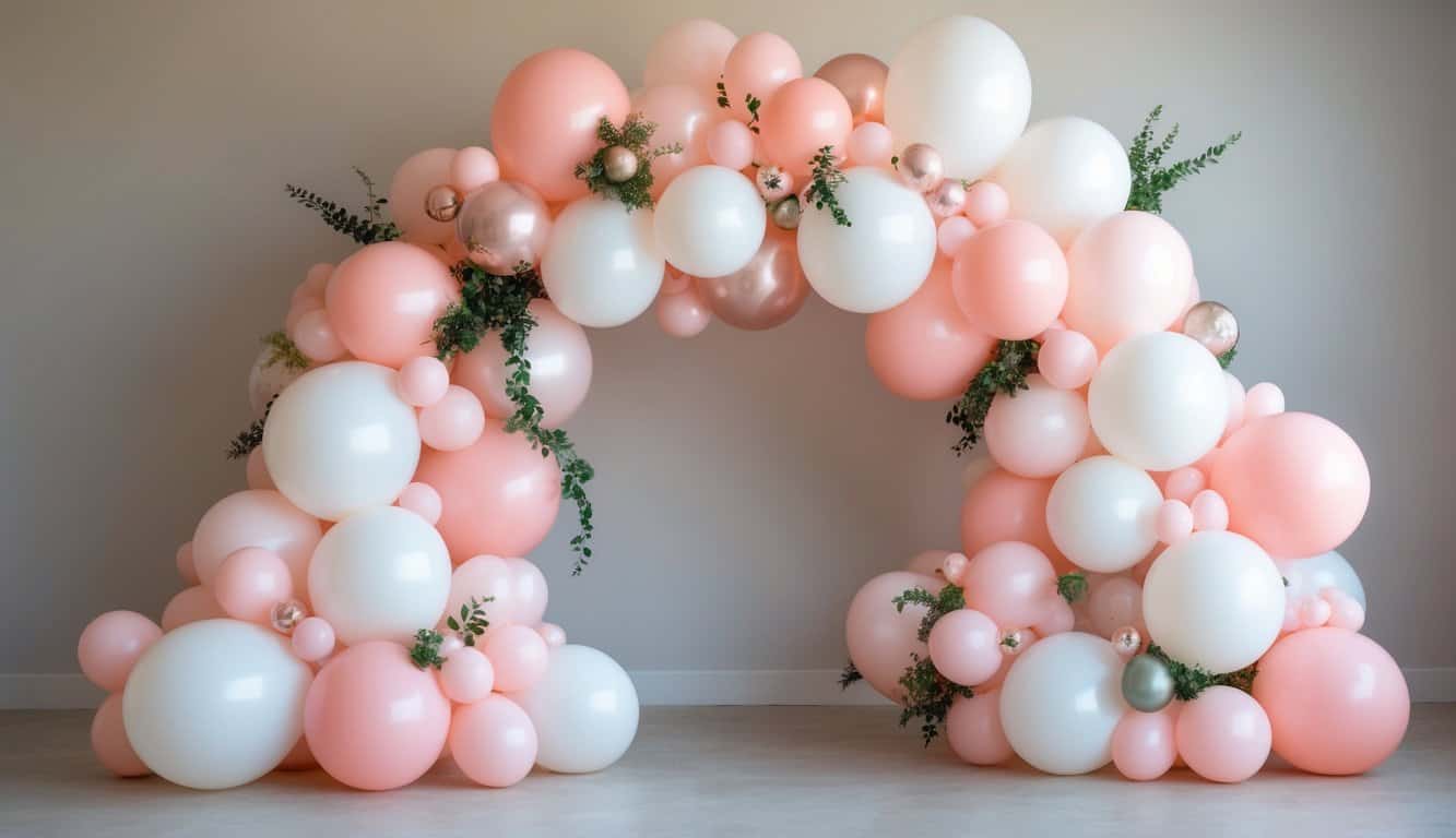 A pink and white balloon arch with mixed balloon sizes, greenery accents, and metallic touches arranged asymmetrically.