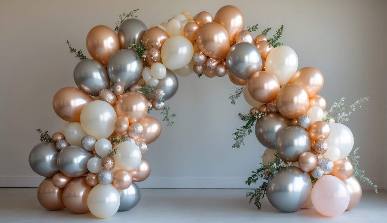 A small balloon arch made of mixed foil and latex balloons in various sizes with greenery accents.