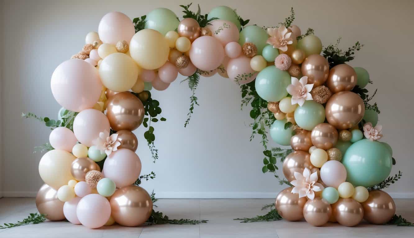 A small balloon arch decorated with paper flowers and greenery, featuring balloons of various sizes arranged in an organic, asymmetrical shape.