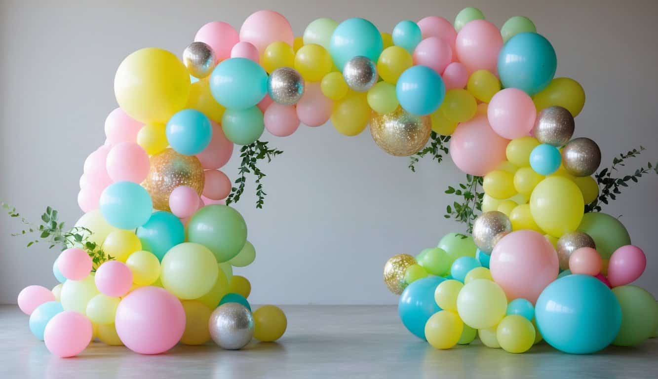 A colorful balloon arch with pastel balloons in various sizes, accented by greenery and metallic balloons, arranged asymmetrically against a neutral background.