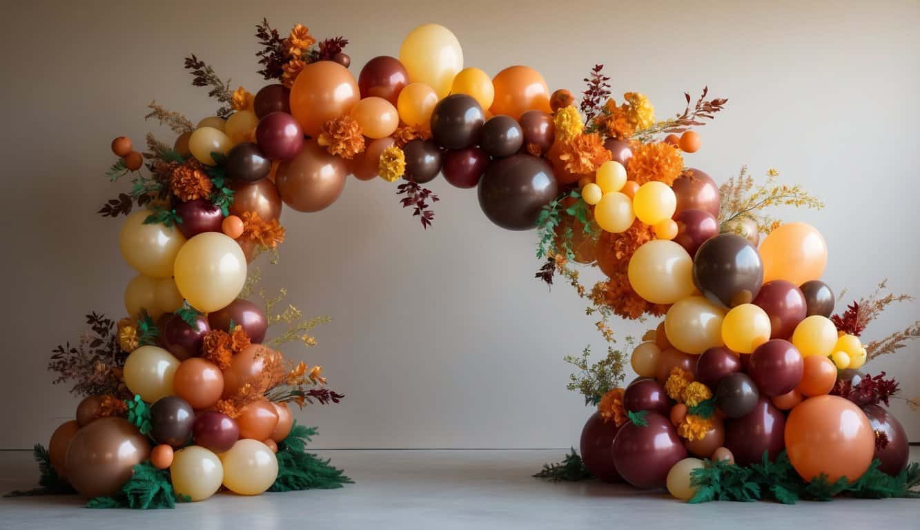 An autumn-themed balloon arch with warm-colored balloons and green foliage arranged asymmetrically.