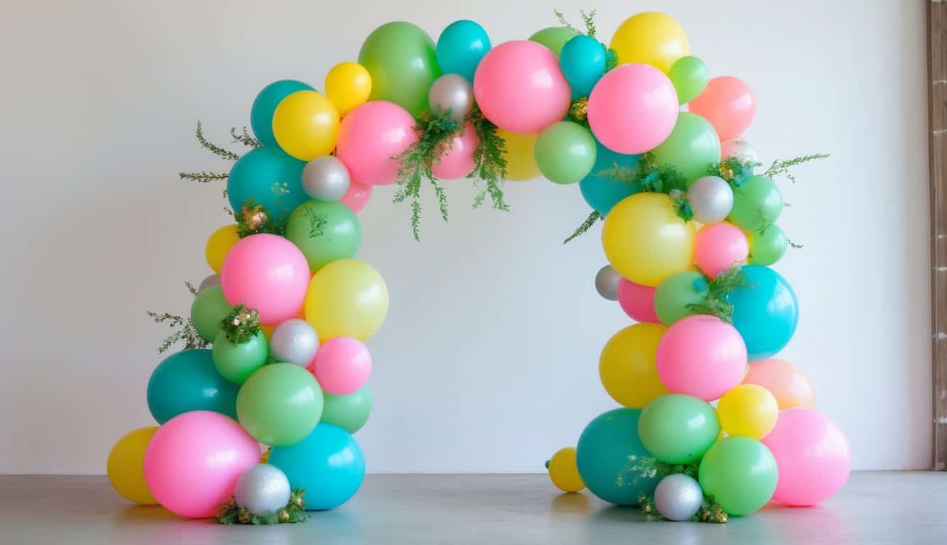 A small neon color balloon arch with mixed sizes and greenery accents, arranged asymmetrically for a festive photo backdrop.