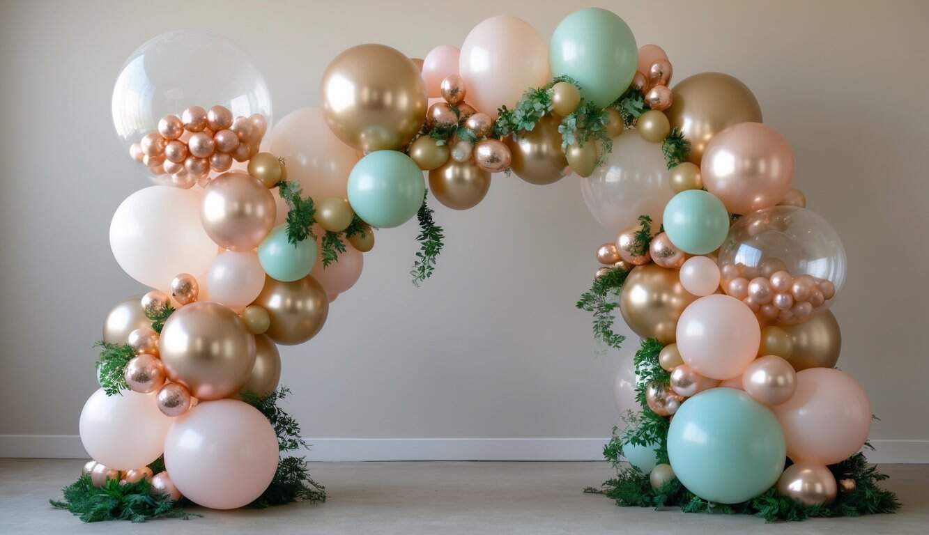 A colorful balloon arch with large and small balloons, some transparent with smaller balloons inside, decorated with green leaves and metallic accents.