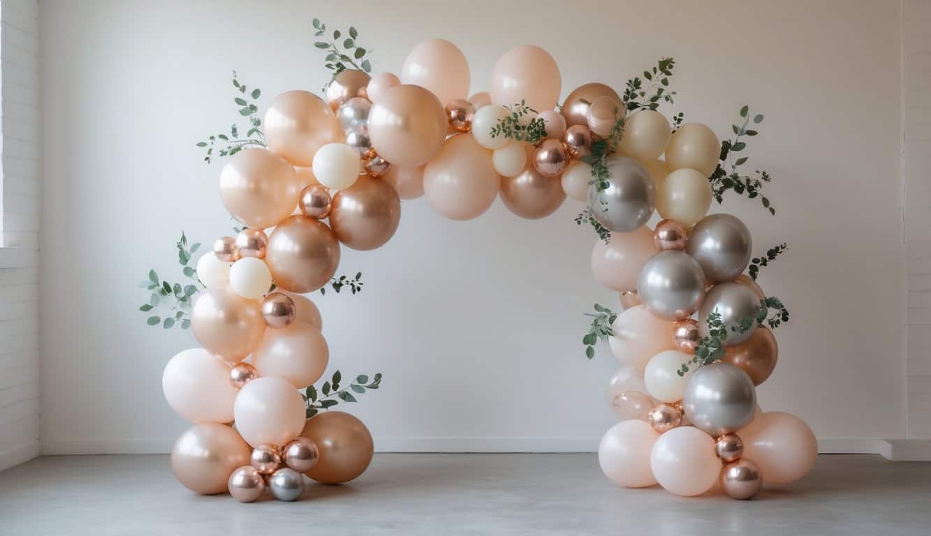 A small balloon arch with mixed sizes of pastel and metallic balloons arranged asymmetrically with greenery accents against a plain background.