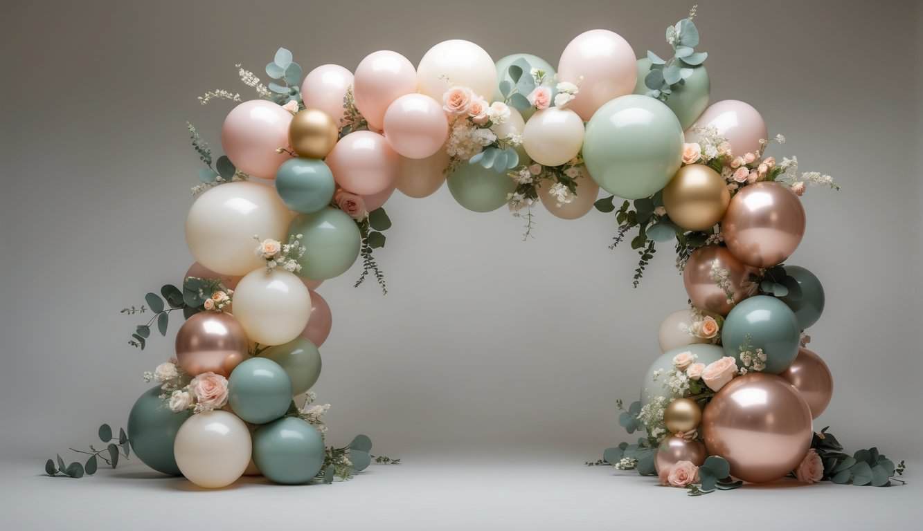 A small balloon arch with mixed balloon sizes and flowers arranged asymmetrically over a neutral background.