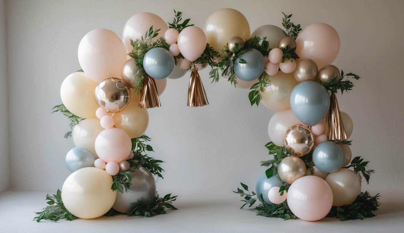 A small balloon arch with mixed sizes and metallic tassels, decorated with greenery, set against a neutral background.