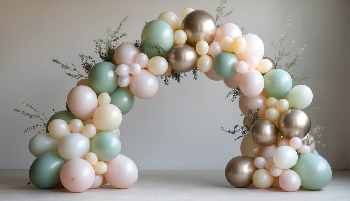 A small balloon arch with mixed sizes of balloons in soft pastel and metallic colors, decorated with greenery, set against a neutral background.