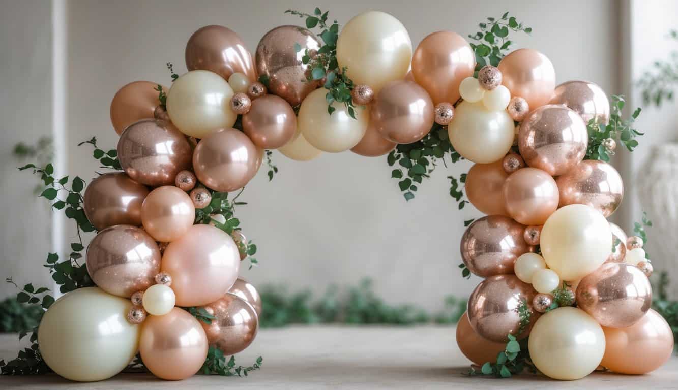 A small balloon arch with mixed sizes of balloons in pastel and metallic colors, decorated with green leaves, set against a softly blurred background.