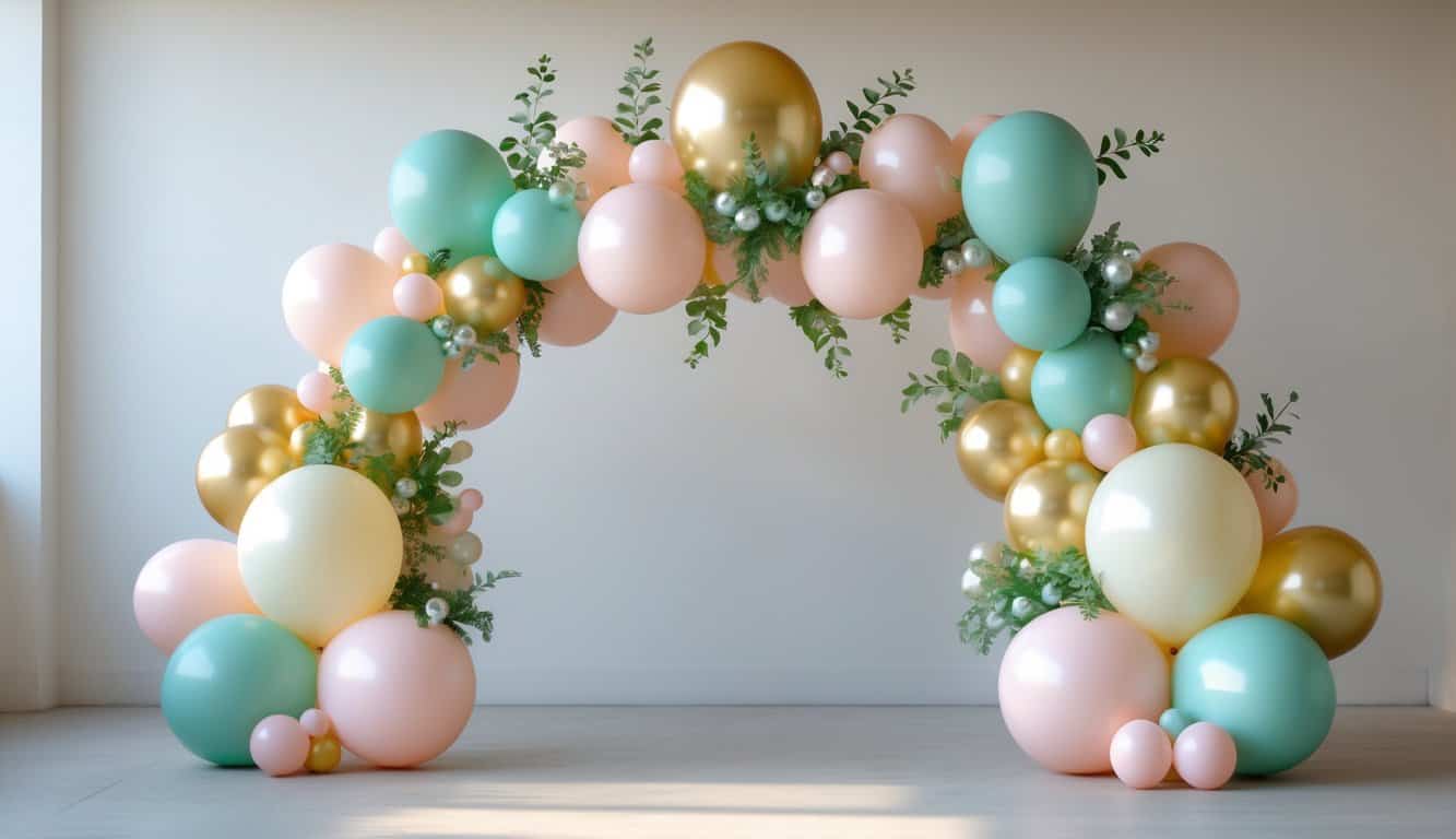 A small balloon arch with mixed sizes and greenery accents arranged in an asymmetrical shape, set against a plain background.