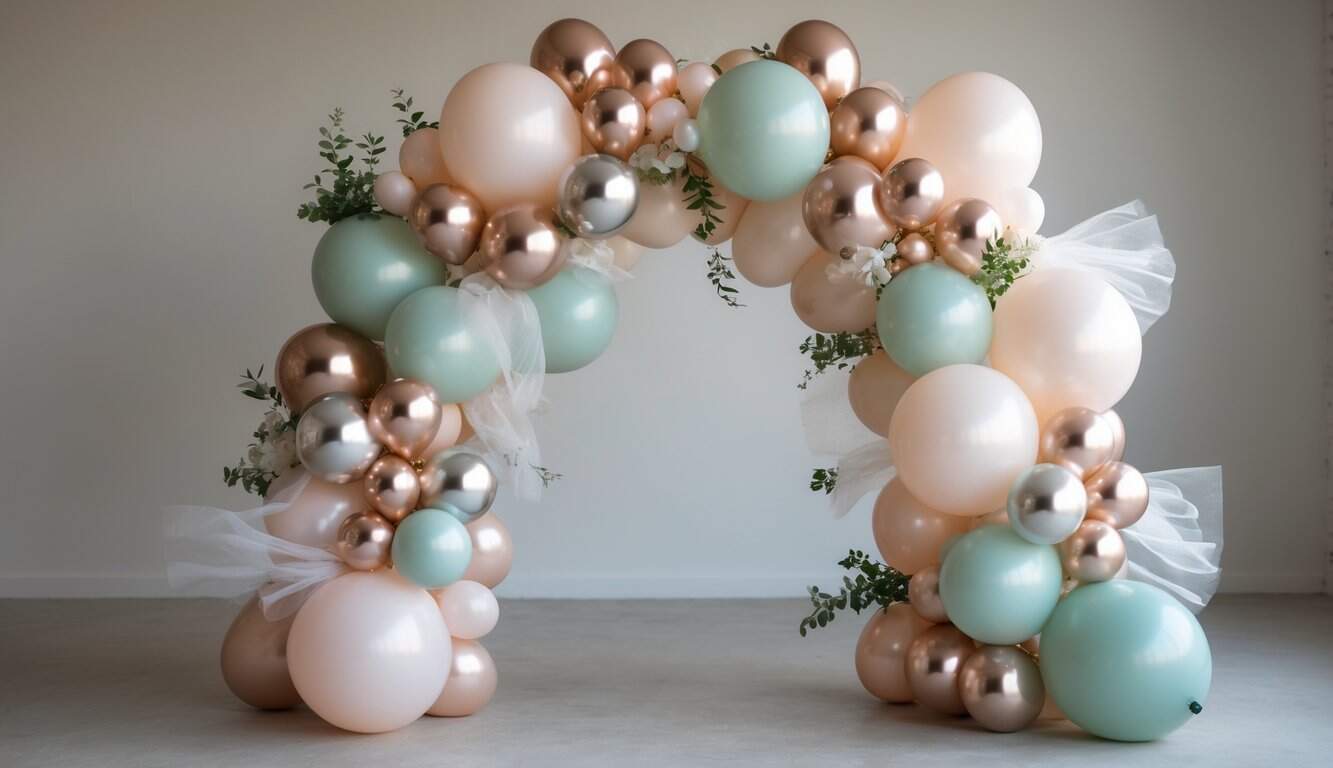 A small balloon arch decorated with pastel and metallic balloons, tulle fabric, and greenery, arranged in an asymmetrical, flowing design.
