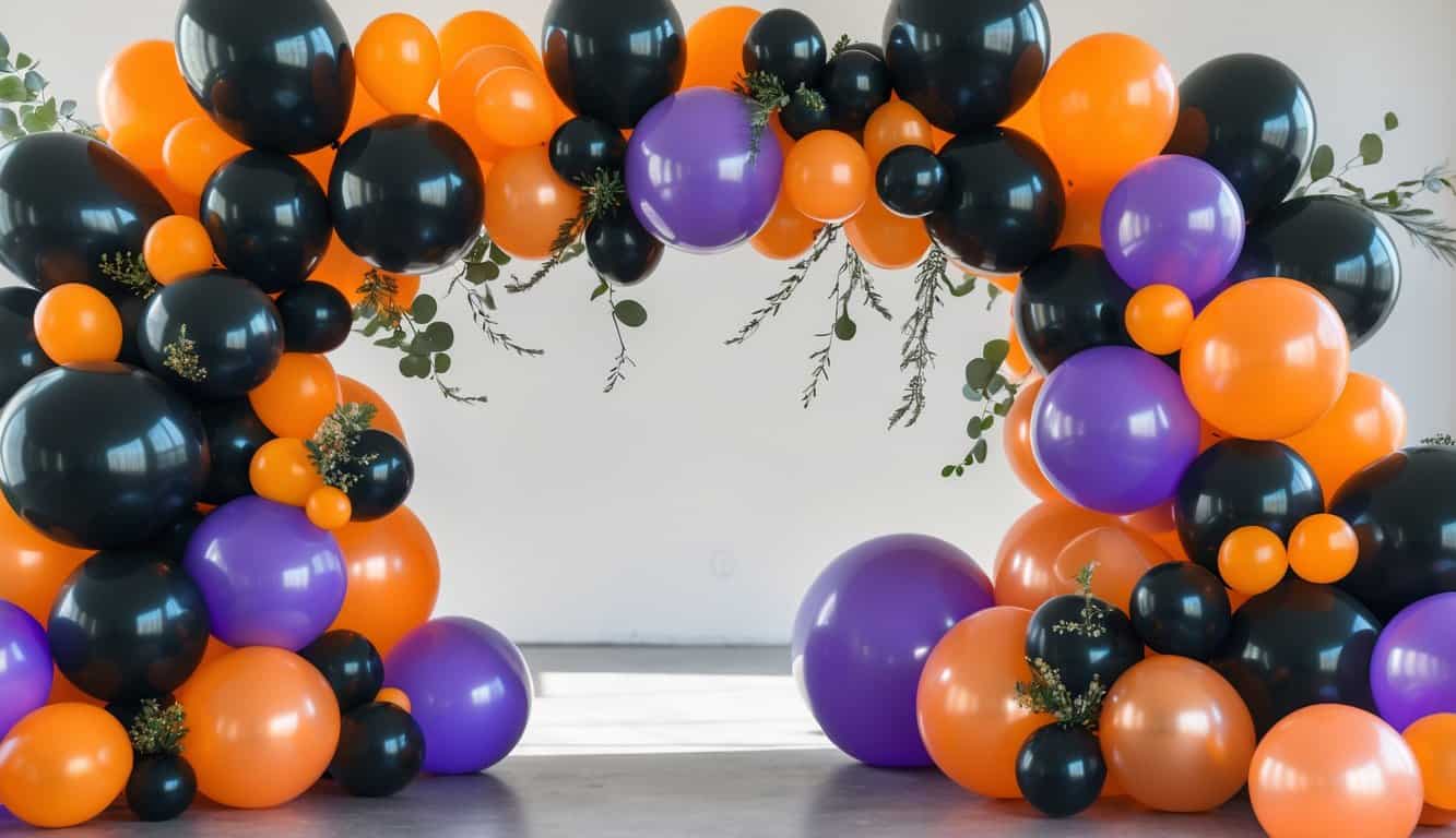 A Halloween balloon arch made of black, orange, and purple balloons with greenery and metallic accents arranged in an asymmetrical shape.