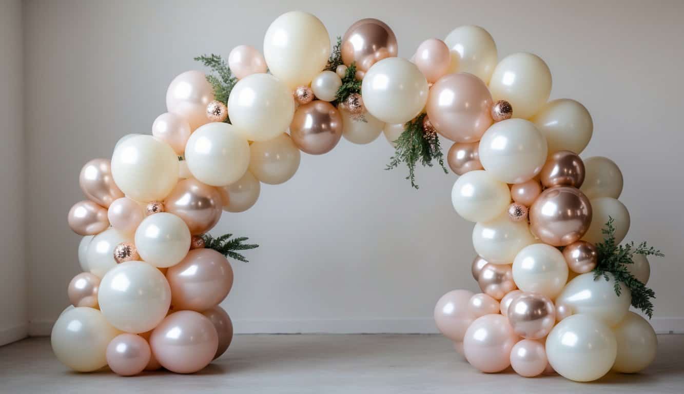 A small balloon arch made of pearl-colored balloons in varying sizes with greenery accents, arranged asymmetrically against a neutral background.