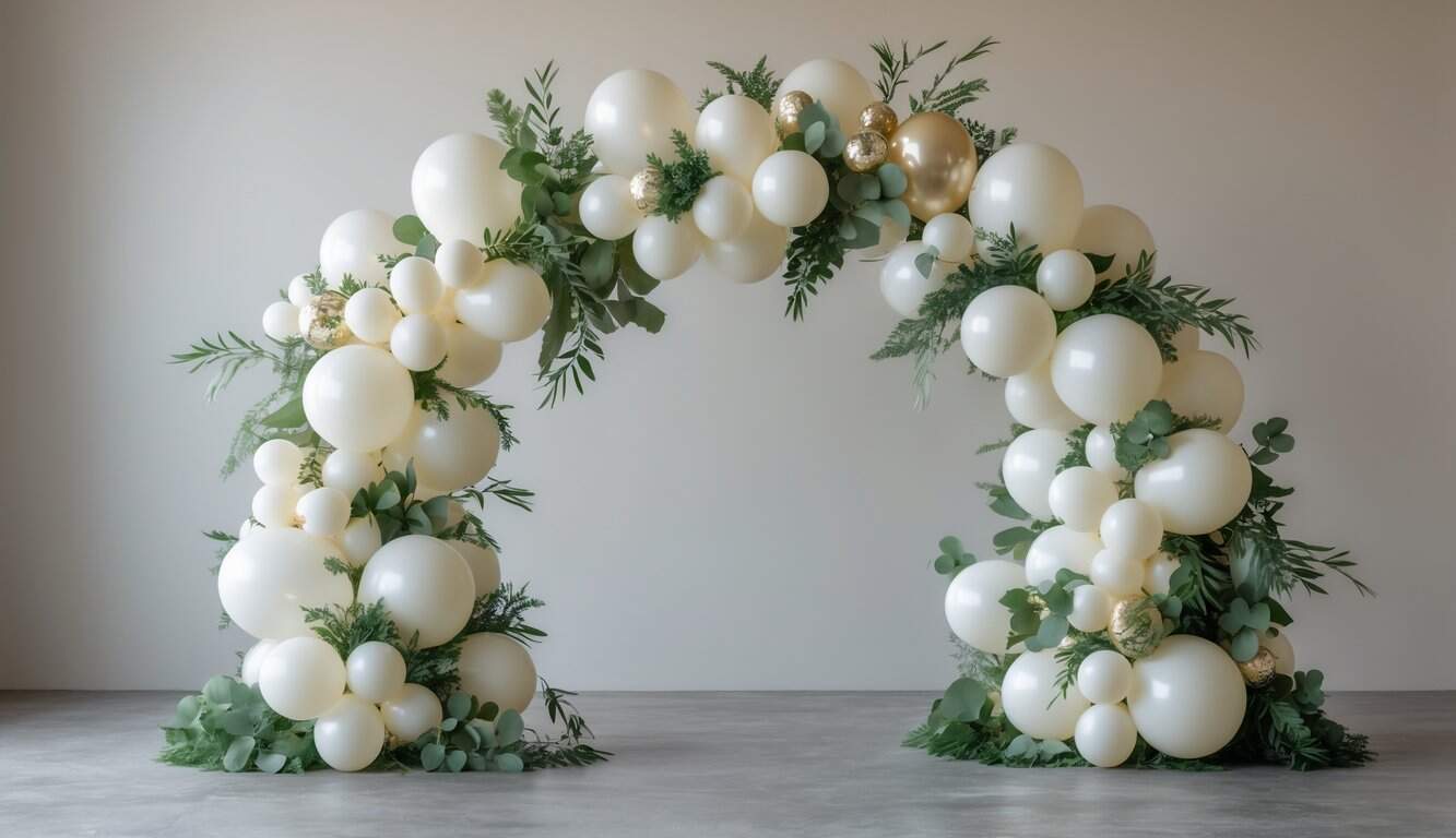 A small balloon arch with white balloons of various sizes and green leaves arranged asymmetrically against a neutral background.