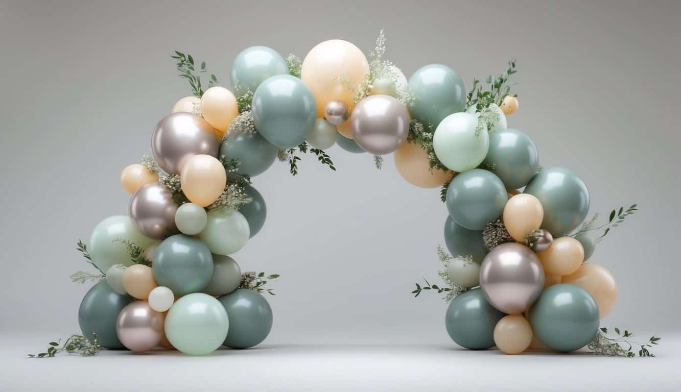 A small balloon arch with balloons of various sizes and greenery accents arranged in an asymmetrical shape.
