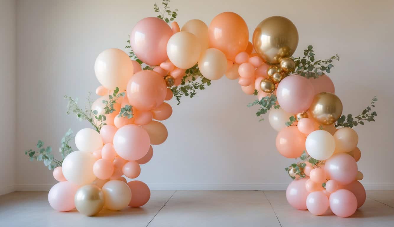 A small balloon arch with balloons in pink, coral, and peach shades, decorated with greenery and gold accents.
