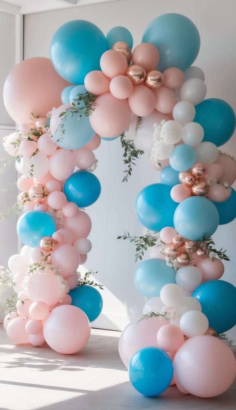 An arch made of pastel pink, blue, white, and metallic balloons decorated with green leaves stands indoors.