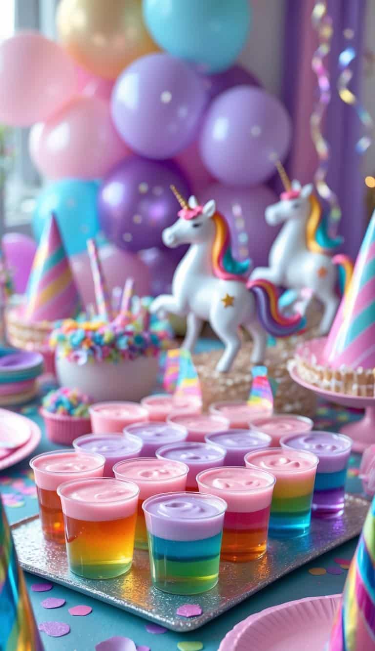 A decorated party table with unicorn-themed rainbow jello cups, pastel balloons, streamers, and festive party decorations.