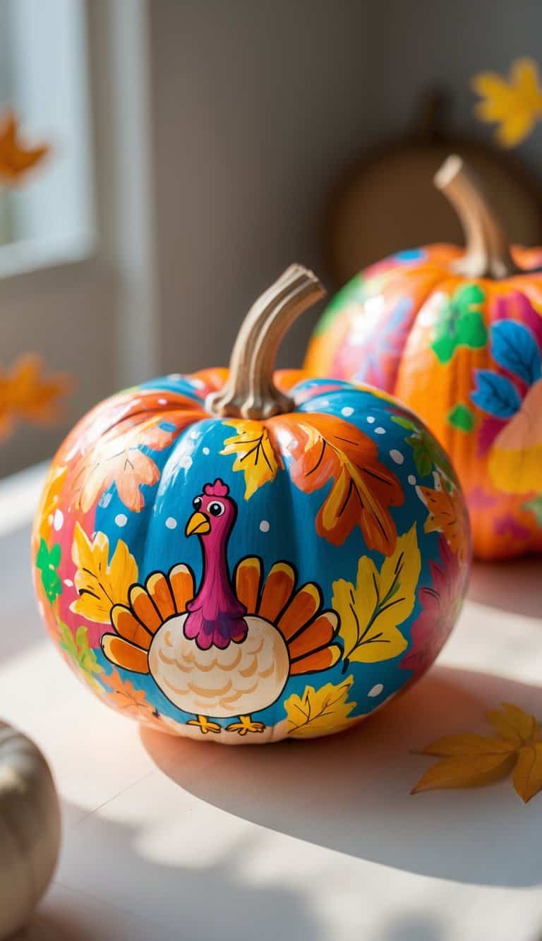 Close-up of one to two painted pumpkins with colorful Thanksgiving-themed designs on a tabletop.