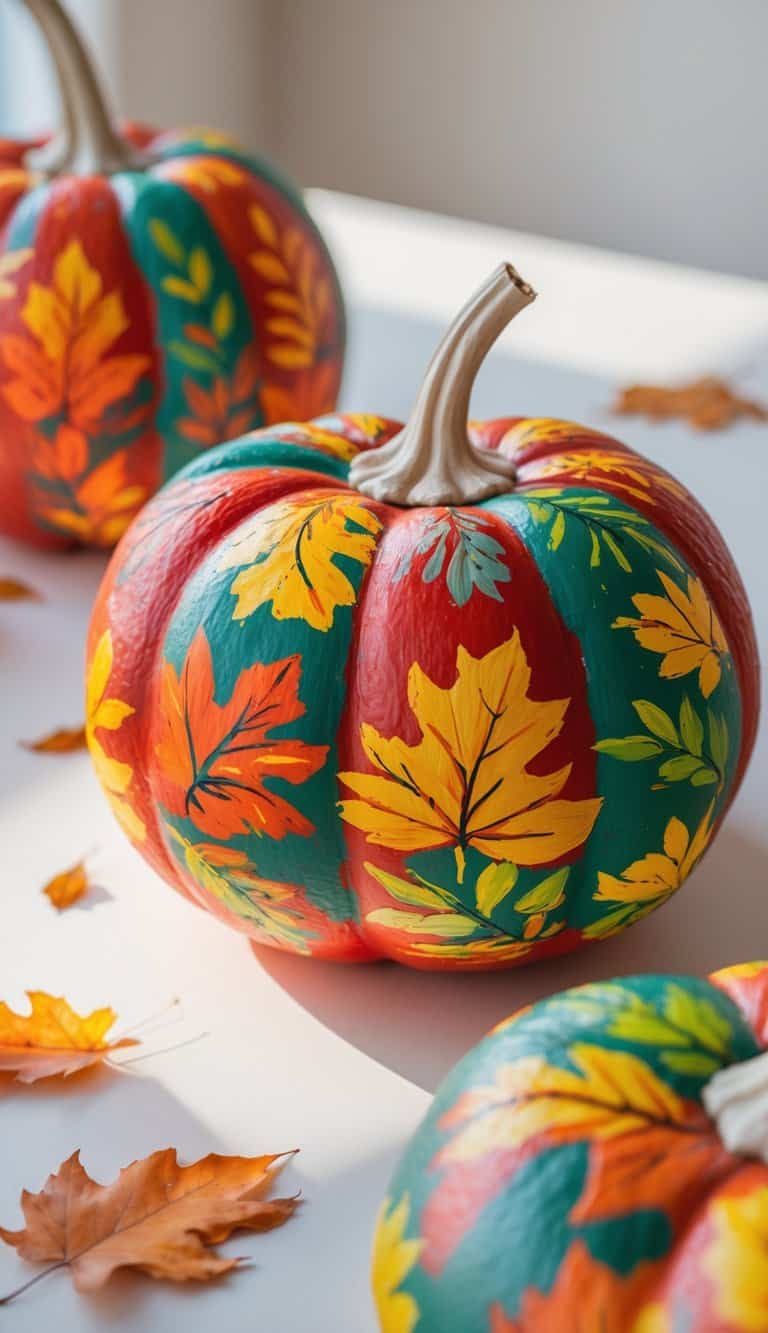 One to two pumpkins painted with colorful autumn leaf designs placed on a tabletop with a few scattered leaves around them.