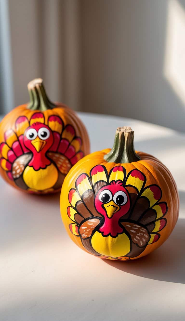One or two small pumpkins painted with colorful turkey designs sitting on a clean tabletop.
