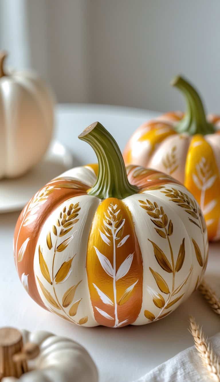 One to two painted pumpkins with colorful wheat patterns on a clean tabletop.