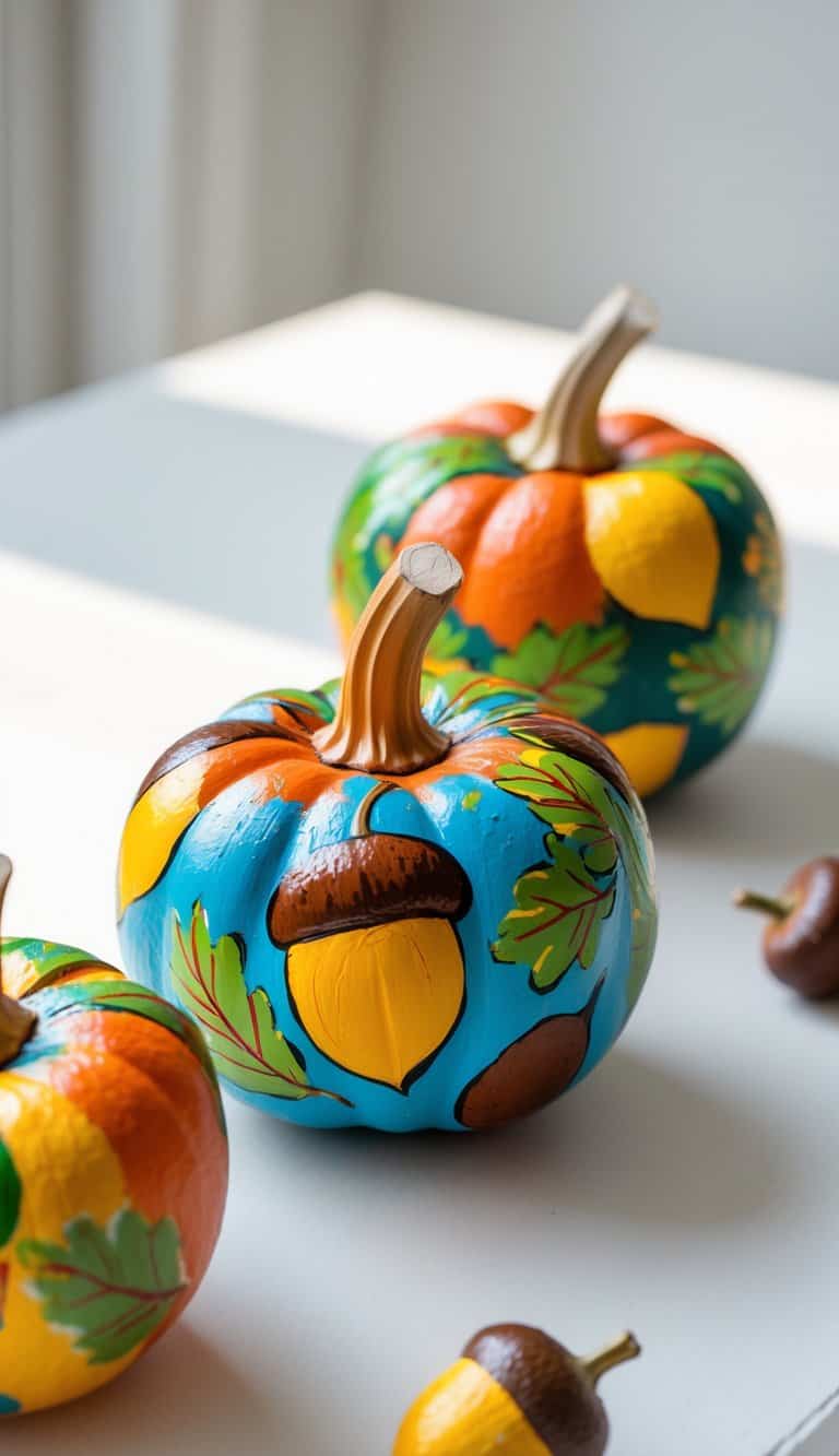 Close-up of one to two small pumpkins painted with colorful acorn and oak leaf designs on a clean tabletop.