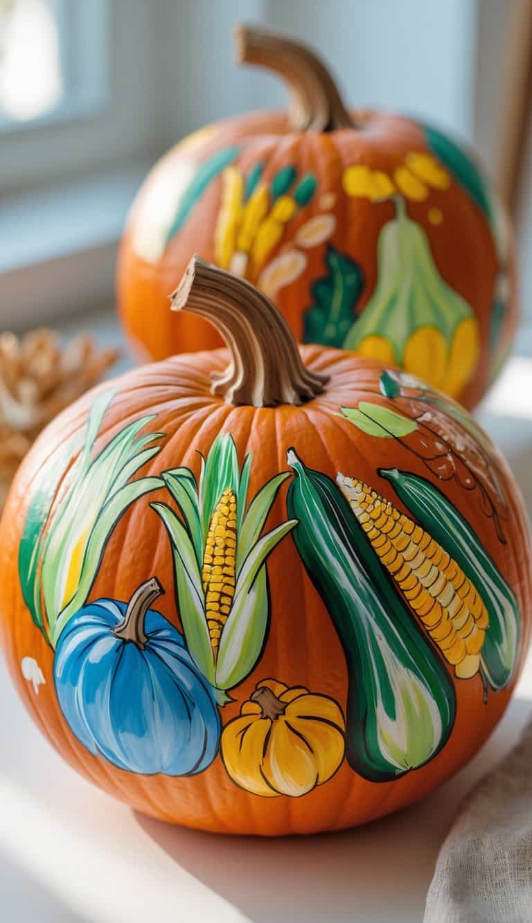 One to two pumpkins painted with colorful harvest vegetable designs sitting on a tabletop.