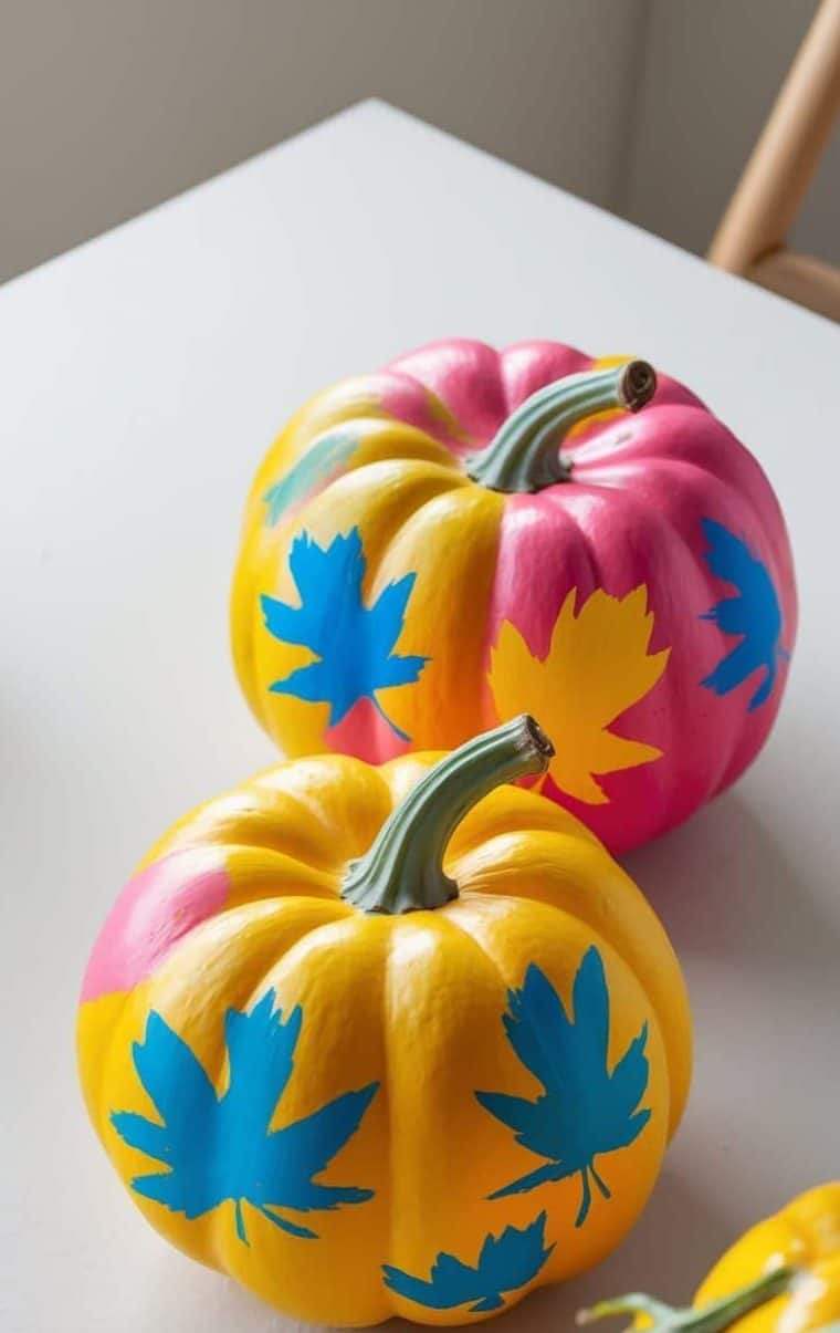 Two pumpkins painted with bright yellow and pink sections, each decorated with blue leaf shapes, sit on a white surface.