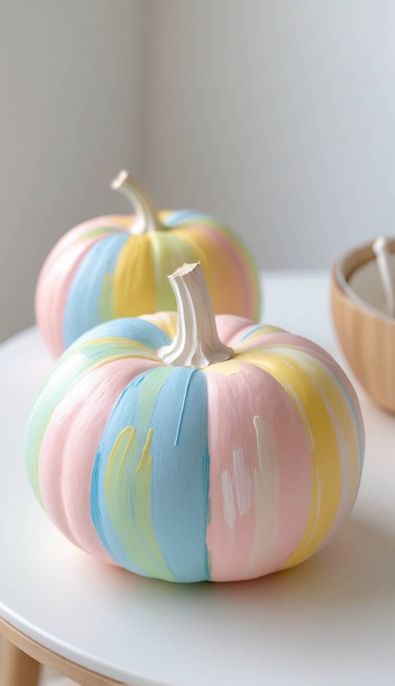 Close-up of one or two pastel rainbow painted pumpkins on a clean tabletop with soft daylight.