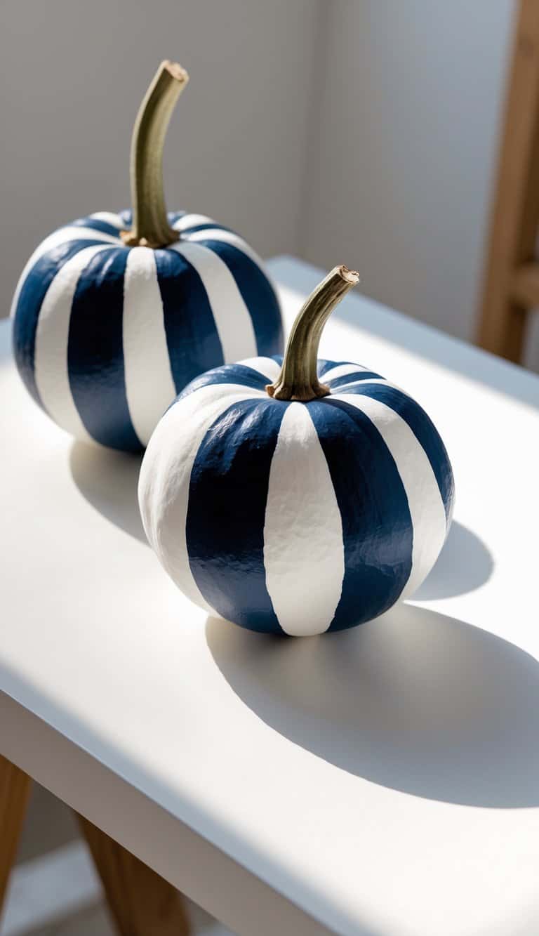 One to two small pumpkins painted with navy blue and white geometric triangles on a clean tabletop under soft daylight.