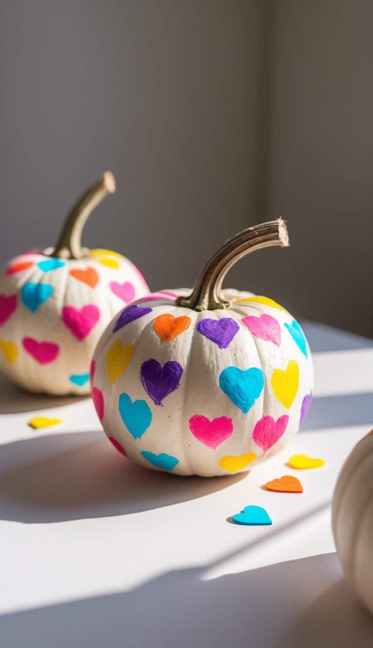 Close-up of one to two small pumpkins decorated with tiny colorful painted hearts on a simple tabletop.