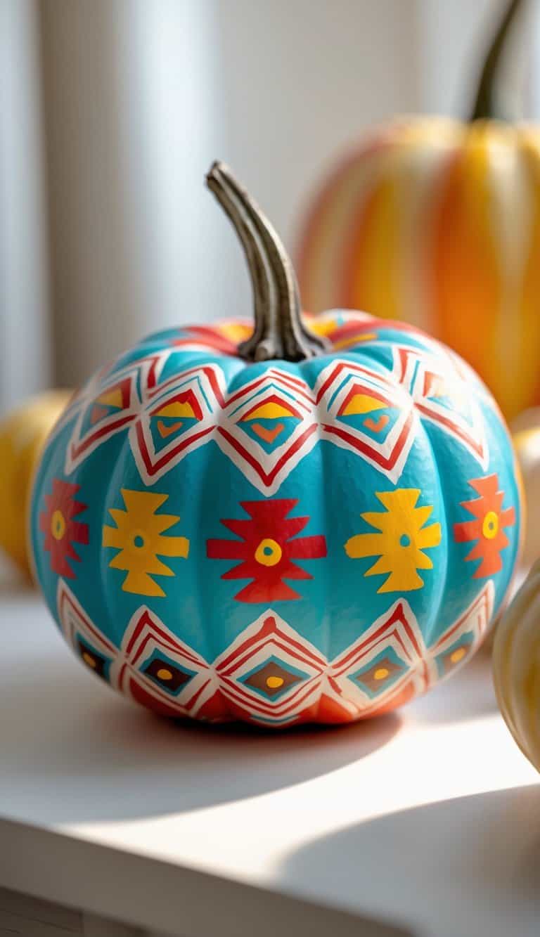 One or two pumpkins painted with colorful Native American inspired patterns placed on a clean tabletop.