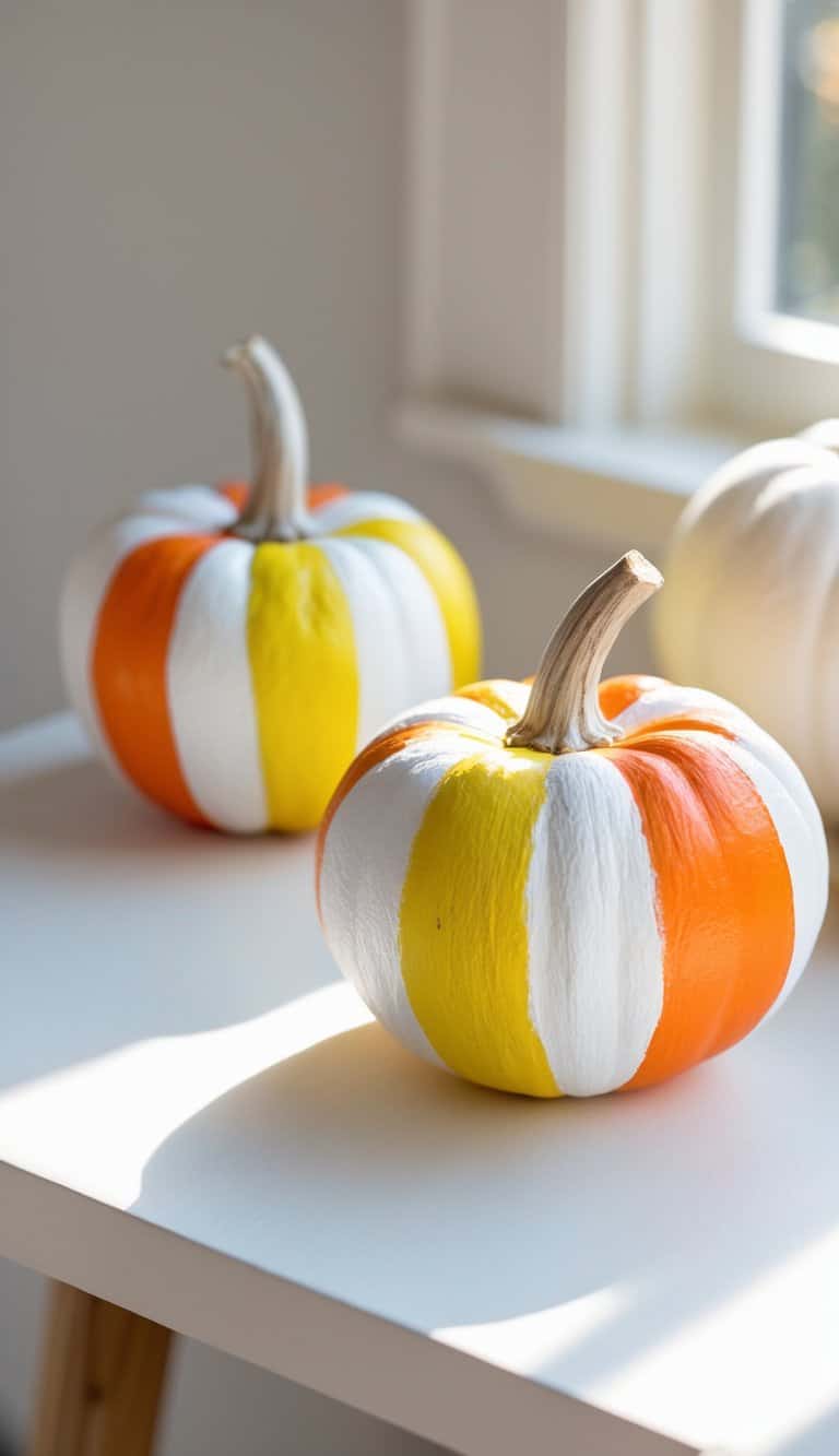 Close-up of one or two small pumpkins painted in bright candy corn colors placed on a clean tabletop.