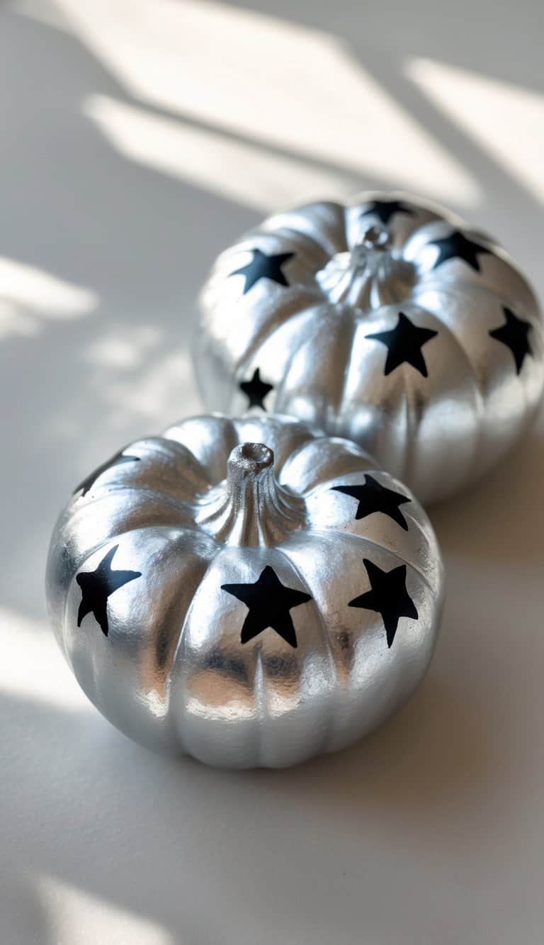 Close-up of one to two small metallic silver pumpkins painted with black stars on a simple tabletop.